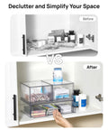 Stackable Storage Drawers Set Of 4 Clear Plastic Organizer Bins For Bathroom Vanity Cabinets Pantry And Laundry Room Organization Great For Beauty Supplies And Small Items shown in cabinet before and after use.