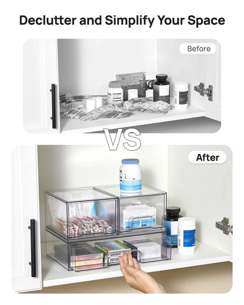 Stackable Storage Drawers Set Of 4 Clear Plastic Organizer Bins For Bathroom Vanity Cabinets Pantry And Laundry Room Organization Great For Beauty Supplies And Small Items shown in cabinet before and after use.
