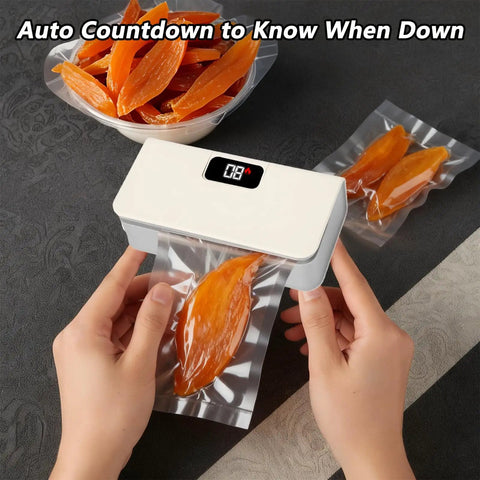 Hands using Rechargeable Mini Bag Sealer With LED Power Display One Touch Heat Sealer And Cutter Six Adjustable Gear Settings Portable Resealer For Chips Snacks And Mylar Bags USB C Charge On The Go with dried fruit bag.