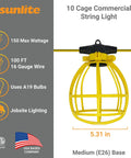 Built Tough Construction Cage String Lights 100 Ft Long With 10 E26 Medium Base Sockets 150W Max Per Bulb ETL Certified