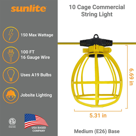 Built Tough Construction Cage String Lights 100 Ft Long With 10 E26 Medium Base Sockets 150W Max Per Bulb ETL Certified