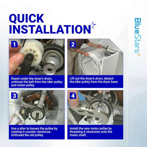 Quick installation steps for Dryer Motor Pulley And Drum Belt Kit For Whirlpool Maytag Kenmore Dryers Replaces PS11744884 W10290525 WP8066184VP AP6011686 LER4634EQ2 LEQ8000KQ0 MEDC215EW1 Easy To Install Replacement Parts