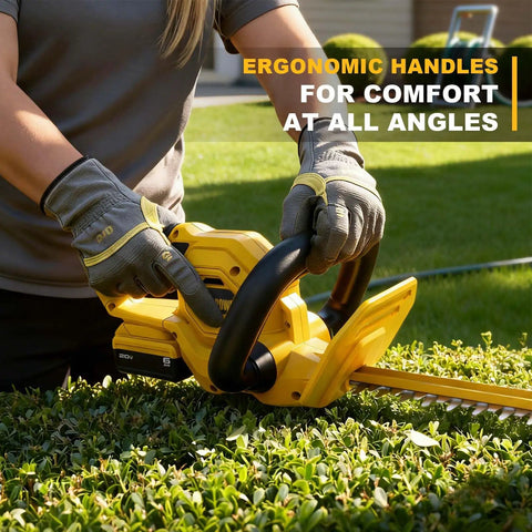 22 Inch Cordless Hedge Trimmer Compatible With Dewalt 20V Max Battery in use, ergonomic handles, trimming hedge