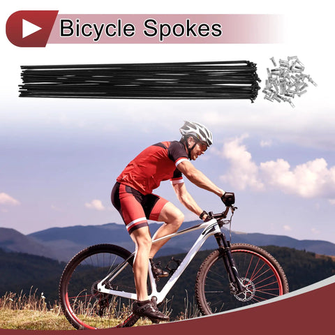 Cyclist with 38 Piece 14G Bicycle Spokes 292mm Length With 2mm Elbow Diameter 4mm Nipples Black Carbon Steel Set