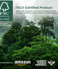FSC certified forest image promoting eco-friendly materials, with Amazon and Climate Pledge Friendly logos.
