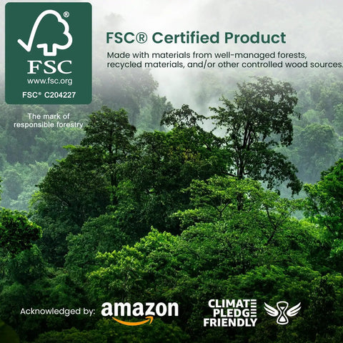 FSC certified forest image promoting eco-friendly materials, with Amazon and Climate Pledge Friendly logos.