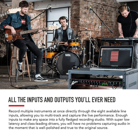 Musicians recording in studio with Eight Input USB Audio Interface With Air Preamps for studio quality sound and instruments.