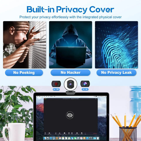 Next Level 4K Webcam With Adjustable Ring Light And Crisp Built In Microphone For Live Streaming showing built-in privacy cover.