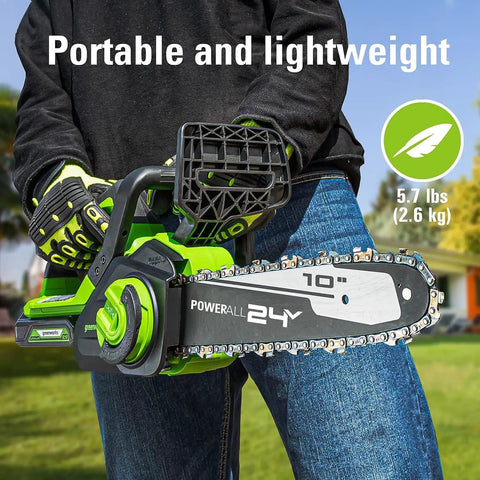Powerful 24 Volts Cordless Chainsaw Using 10 Inch Low Recoil Bar For Storm Cleanup Branch Trimming And Firewood Processing Fast Badass Cutting Power Heavy Duty Tools Only, 5.7 lbs.