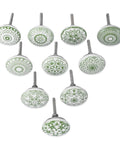 Green White Ceramic Cabinet Knobs Set Of 10 Hand Painted Printed Drawer Pulls For Kitchen Cabinets And Furniture 55mm Height 38mm Diameter Decorative Hardware, white ceramic with green patterns