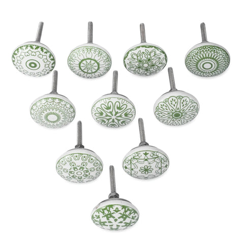 Green White Ceramic Cabinet Knobs Set Of 10 Hand Painted Printed Drawer Pulls For Kitchen Cabinets And Furniture 55mm Height 38mm Diameter Decorative Hardware, white ceramic with green patterns