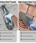 Comparison of stainless steel and high carbon steel trowels from Pro Grade Concrete Trowel Set with wood float and tool kit.