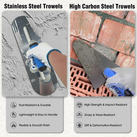 Comparison of stainless steel and high carbon steel trowels from Pro Grade Concrete Trowel Set with wood float and tool kit.