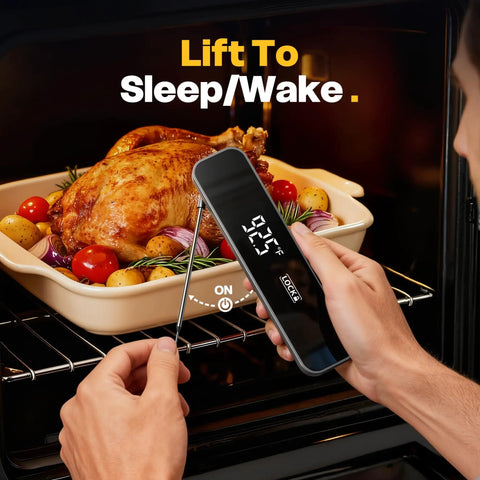 Hand using Lightning Fast Instant Read Meat Thermometer 0.3S Digital Food Thermometer to check roasted chicken in oven