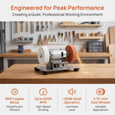 Compact 96W Mini Bench Grinder With Dual Grinding Wheels Variable Speed 3000 To 6000 RPM All Copper Brushless Motor for metal sharpening.