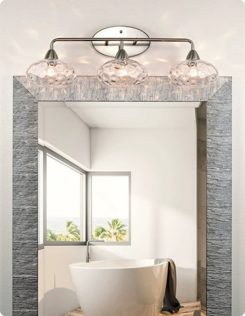 26 Inch Modern Three Light Vanity Light With Hammered Glass Shades In Brushed Nickel Finish Ultra Slick Bathroom Fixture