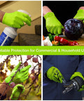 Green disposable latex-free gloves with raised diamond grip, XL, shown in cleaning, chopping, gardening