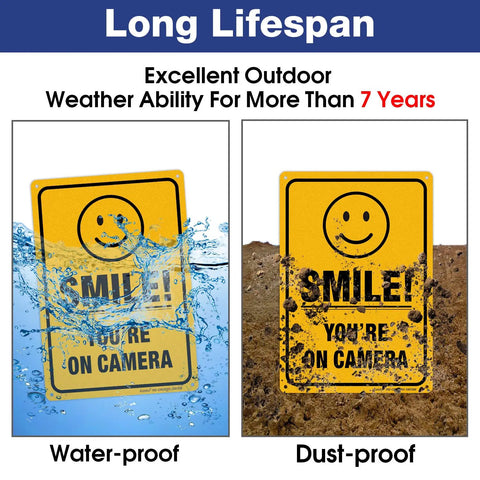 Two Pack Smile You're On Camera Video Surveillance Sign for Home and Business, waterproof and dust-proof durability demonstration.