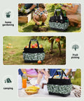 Heavy Duty Garden Tool Bag With Hard Bottom And Wide Opening, 20L Main Compartment, in garden, orchard, and camping scenes.
