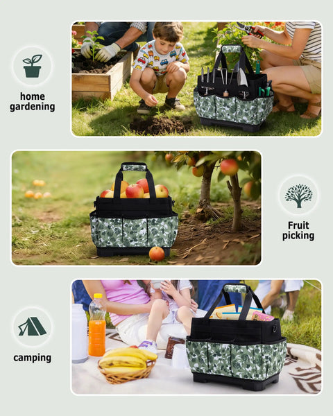Heavy Duty Garden Tool Bag With Hard Bottom And Wide Opening, 20L Main Compartment, in garden, orchard, and camping scenes.