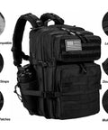 Rugged 45L Tactical Backpack for Men and Women With MOLLE System Assault Pack, features and details labeled.