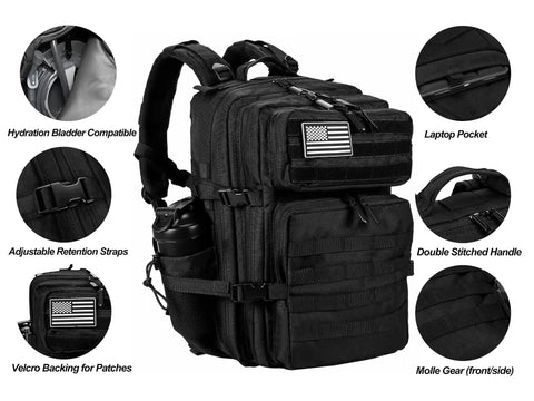 Rugged 45L Tactical Backpack for Men and Women With MOLLE System Assault Pack, features and details labeled.