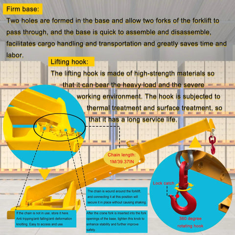 Heavy Duty Forklift Jib Boom Telescopic Crane Attachment With Heavy Gauge Hook 11000 LB Capacity showcasing durable base and lifting hook features.