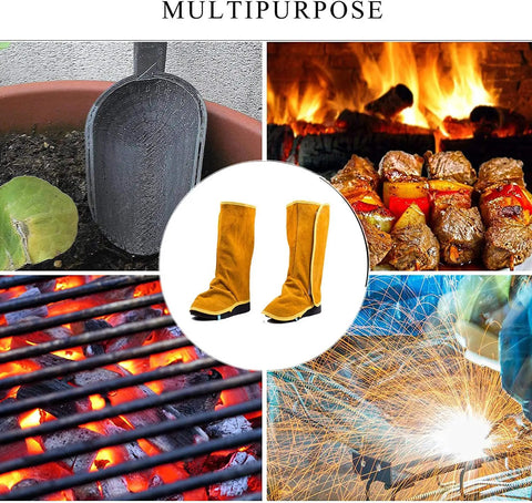 Split Cow Leather Welding Spats With Heat Resistant Boot Covers for Welders, central image surrounded by various activities.