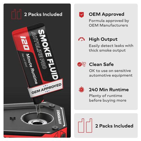 HyperSmoke Automotive Smoke Machine And Evap Vacuum Leak Tester with OEM approved smoke fluid bottle being inserted