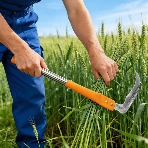 Person using Adjustable Long Handled Weeding Sickle with High Carbon Steel Blade to cut wheat in a field