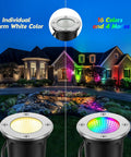 RGBW Low Voltage Landscape Lights illuminate a house and garden showing color variations; waterproof LED well lighting at night.