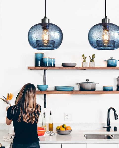 Hand Blown Marble Blue Glass Pendant Light For Kitchen Island Over Dining Table Dope Modern Farmhouse Globe Eight Point Seven Inch Ceiling Fixture In Brushed Nickel Finish With Easy Install And Balanced Hanging