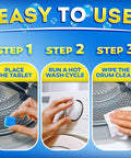 Heavy Duty Washer Cleaning Tabs For Pet Houses Dissolves Fur And Gunk Quick Erases Foul Smells in three easy steps infographic.