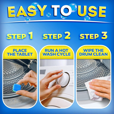 Heavy Duty Washer Cleaning Tabs For Pet Houses Dissolves Fur And Gunk Quick Erases Foul Smells in three easy steps infographic.