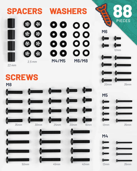 No Sweat Universal TV Mount Hardware Kit With M4 M5 M6 M8 Screws And Spacers For Flat Screens Up To 80 Inches components layout
