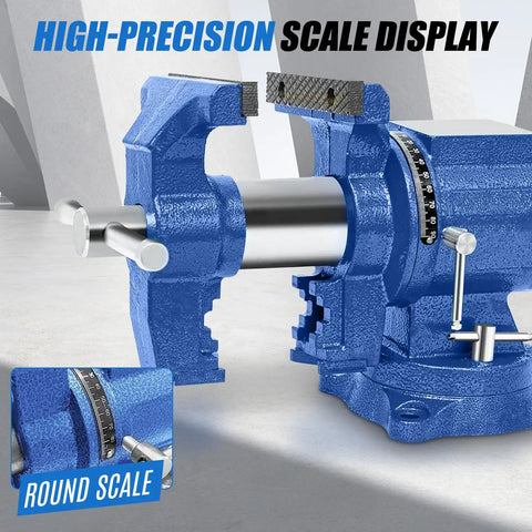 Heavy Duty 4 Inch Bench Vise With 360 Degree Swivel Base And Anvil featuring a high-precision scale, round scale display