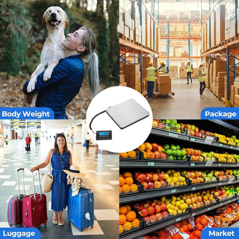 Rock Solid Digital Postal Scale For Packages Luggage And Mail, Heavy Duty 400lb Capacity Steel Platform used in various settings.