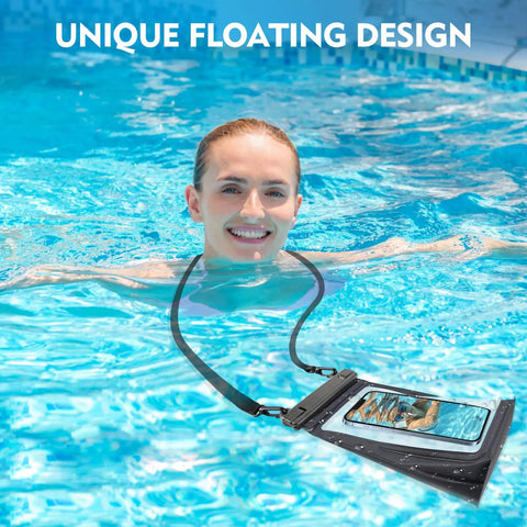 Woman swimming with Waterproof Phone Pouch With Sealing Strip, Large Capacity Dry Bag floating, showcasing unique floating design
