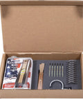 Masonry Level Care Kit To Keep Your Level In Top Shape With 6 Lenses 12 Lens Caps Cap Removal Tool Linseed Oil And Hanging Hook Assembled In USA Ships Fast open box with oil can, lens caps, tool, and hook