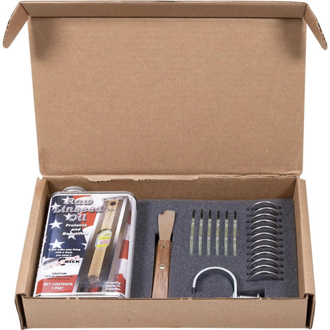 Masonry Level Care Kit To Keep Your Level In Top Shape With 6 Lenses 12 Lens Caps Cap Removal Tool Linseed Oil And Hanging Hook Assembled In USA Ships Fast open box with oil can, lens caps, tool, and hook