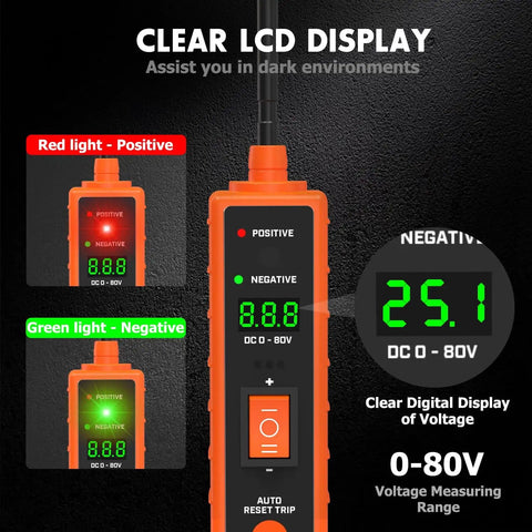 Power Circuit Probe Tester Kit For Automotive Electrical System With 6V-24V DC Test Light and LCD display showing voltage range
