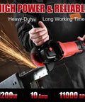 Person using a powerful four and a half inch corded angle grinder with six speed control 11000 RPM 10 amp motor for heavy duty metal cutting.