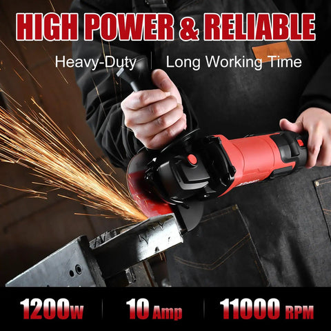 Person using a powerful four and a half inch corded angle grinder with six speed control 11000 RPM 10 amp motor for heavy duty metal cutting.