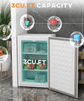 Sweet 3 Cu Ft White Upright Freezer with Reversible Door shows frozen meats and seafood on shelves in a modern kitchen.