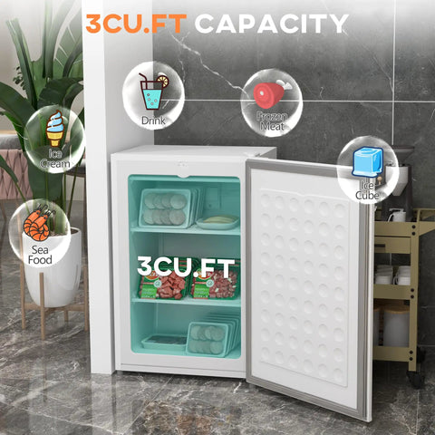 Sweet 3 Cu Ft White Upright Freezer with Reversible Door shows frozen meats and seafood on shelves in a modern kitchen.
