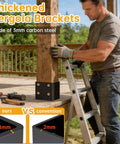Man installing thickened 4x4 post base for concrete with hidden anchor on a wooden pergola using ladder