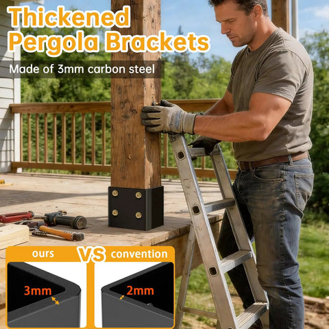 Man installing thickened 4x4 post base for concrete with hidden anchor on a wooden pergola using ladder
