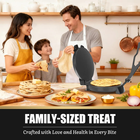 FineMade 10 Inch Electric Roti Maker Machine With Precision Temp Control Detachable Handle Black in use with family making flatbreads.