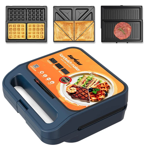 Royalcraft 3-In-1 Electric Sandwich Maker Waffle Grill And Panini Press With Non-Stick Removable Plates 1000W Power Blue design with removable plates.