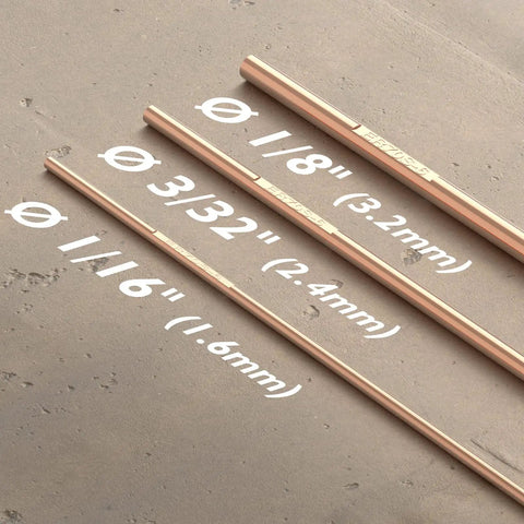 ER70S-6 Mild Steel TIG Filler Rods in 1/16, 3/32, and 1/8 inch sizes, copper-coated welding wire for argon or CO2 use